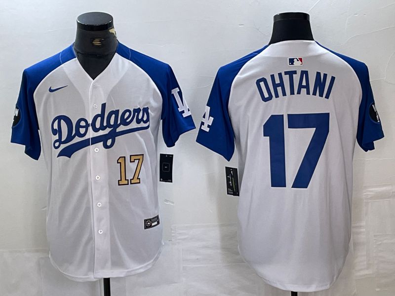 Men Los Angeles Dodgers #17 Ohtani White blue Fashion Nike Game MLB Jersey style 4